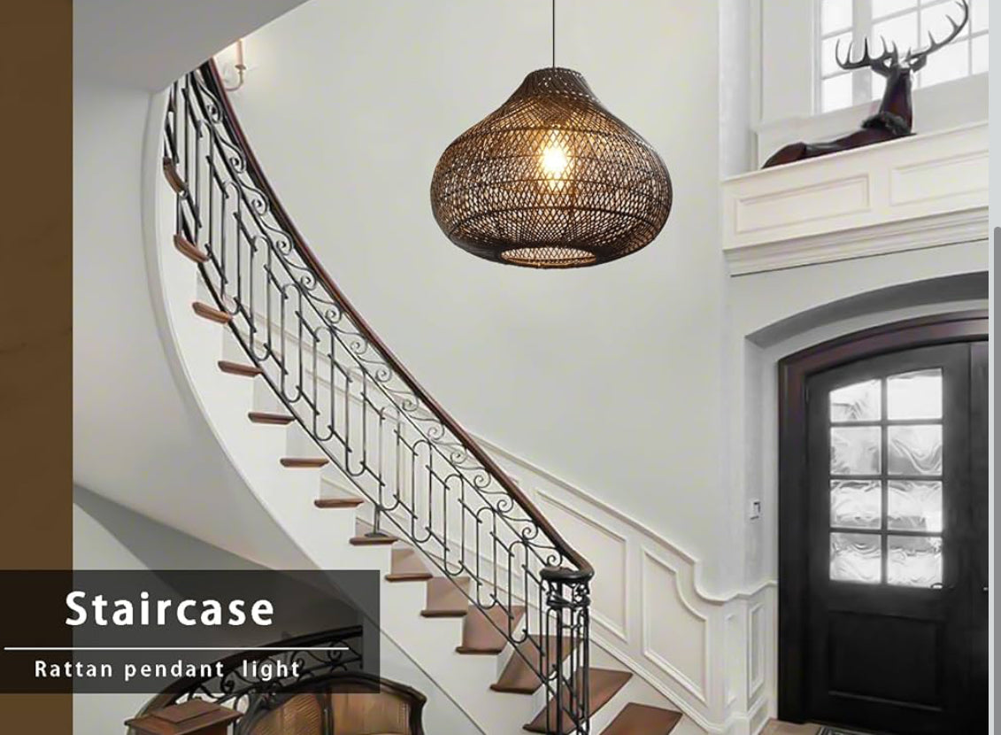 Pendant - Karjear Black Rattan Chandelier, 16.5 inch Large Wicker Pendant Lights Fixture Hand-Woven Basket Hanging Light - BSW