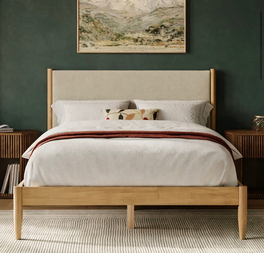 Bed - King Size Besan Solid Wood Boucle Upholstered Headboard Bed Frame