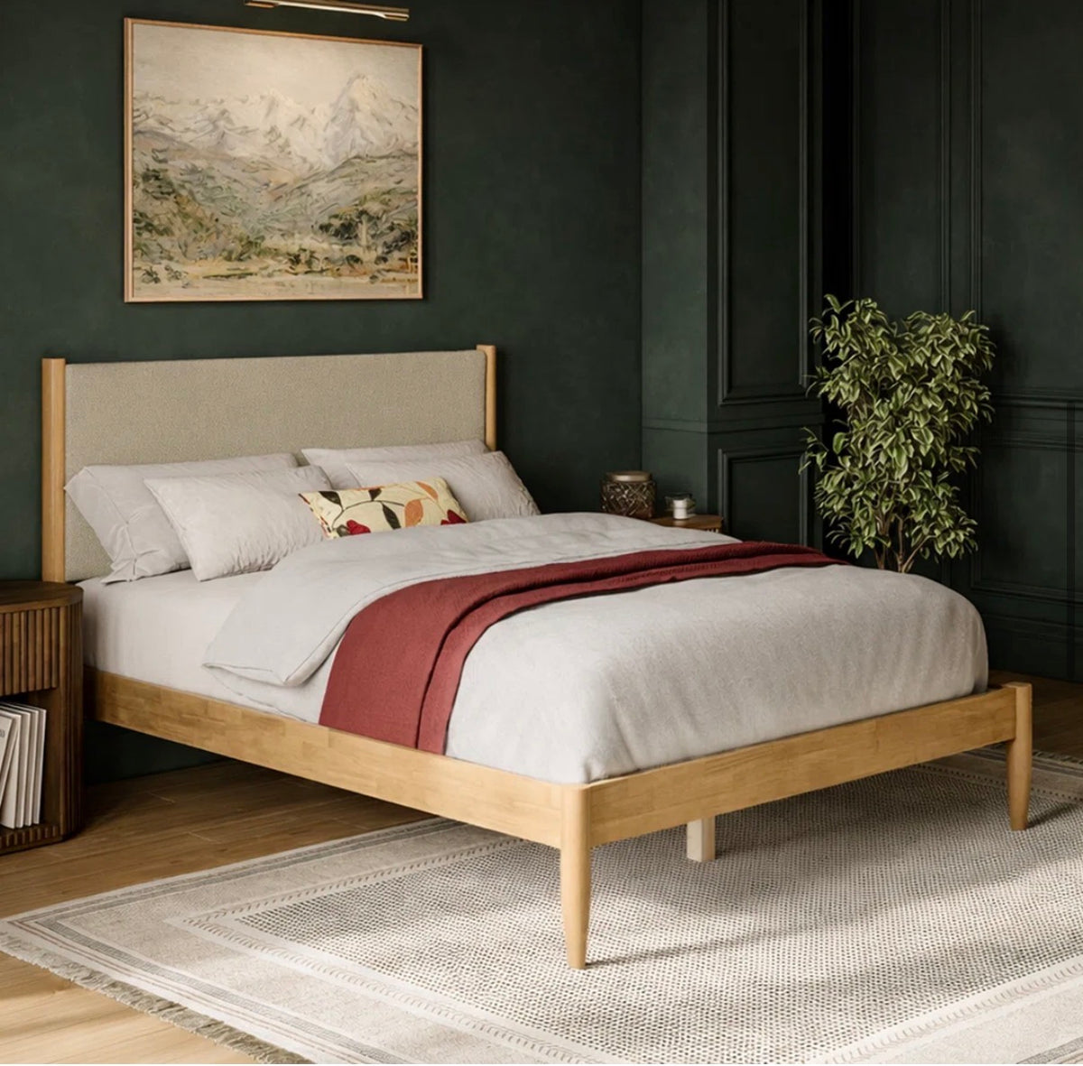 Bed - King Size Besan Solid Wood Boucle Upholstered Headboard Bed Frame