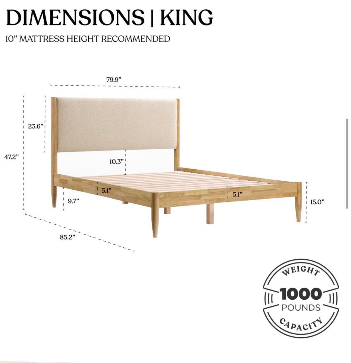 Bed - King Size Besan Solid Wood Boucle Upholstered Headboard Bed Frame