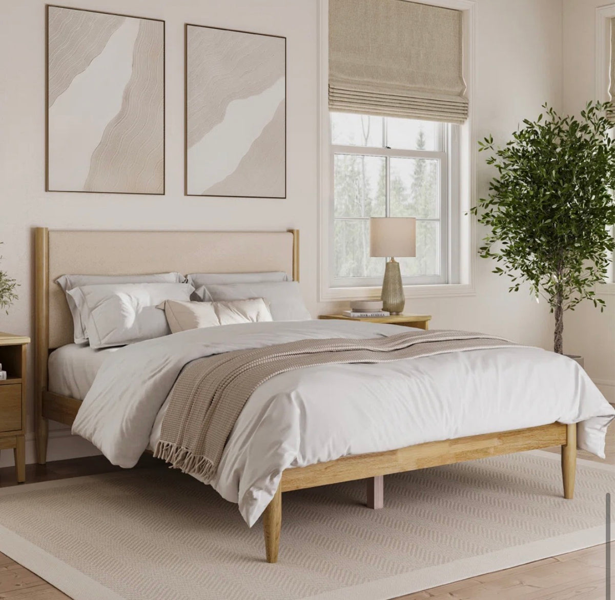 Bed - King Size Besan Solid Wood Boucle Upholstered Headboard Bed Frame