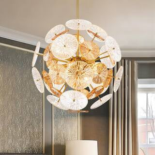 Chandelier - Broadus 11-Light Gold Starburst Sputnik Chandelier Sphere Pendant Light with Clear Swirled Glass Amber Glass Sheet - WF