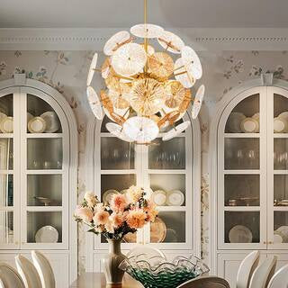 Chandelier - Broadus 11-Light Gold Starburst Sputnik Chandelier Sphere Pendant Light with Clear Swirled Glass Amber Glass Sheet - WF