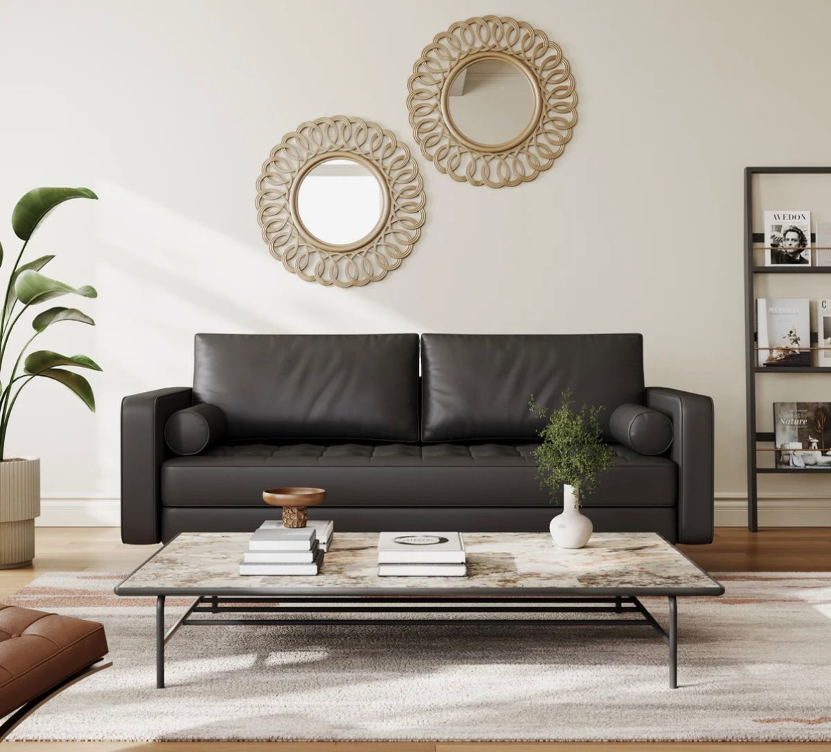 Sofa - Bridgeview Leather Mid Century Modern Upholstered Square Arm Sofa