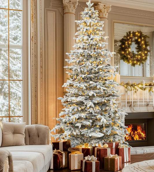 Christmas Tree - Uforic 9FT Pre-Lit Flocked Artificial Christmas Tree with 80 Pinecones, Pre-Lit Holiday Christmas Pin -