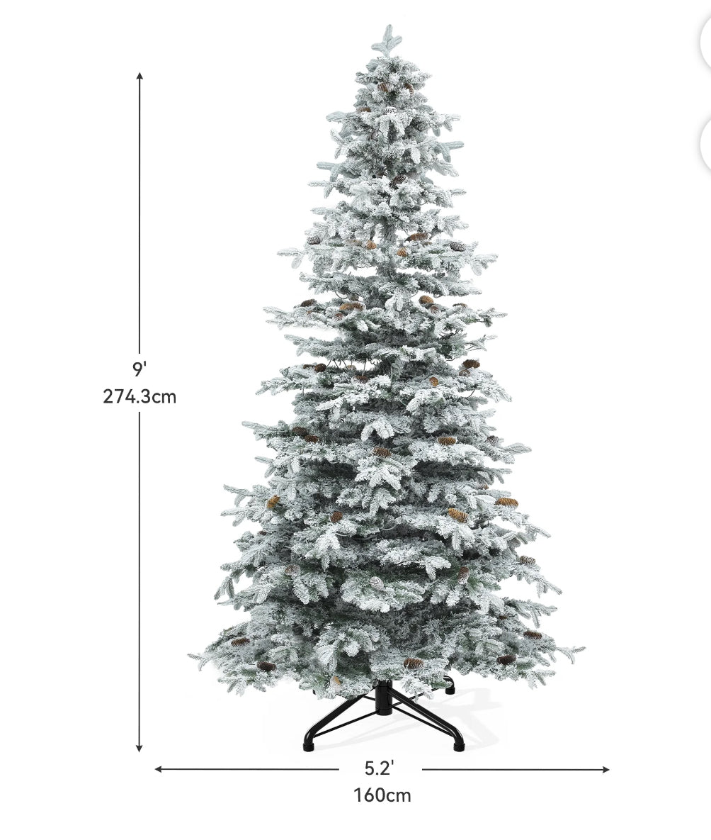 Christmas Tree - Uforic 9FT Pre-Lit Flocked Artificial Christmas Tree with 80 Pinecones, Pre-Lit Holiday Christmas Pin -