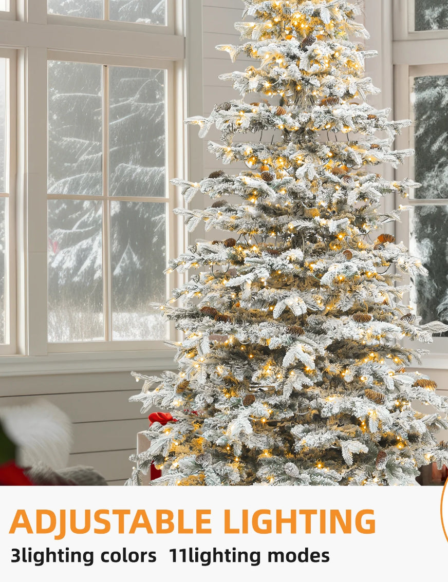 Christmas Tree - Uforic 9FT Pre-Lit Flocked Artificial Christmas Tree with 80 Pinecones, Pre-Lit Holiday Christmas Pin -
