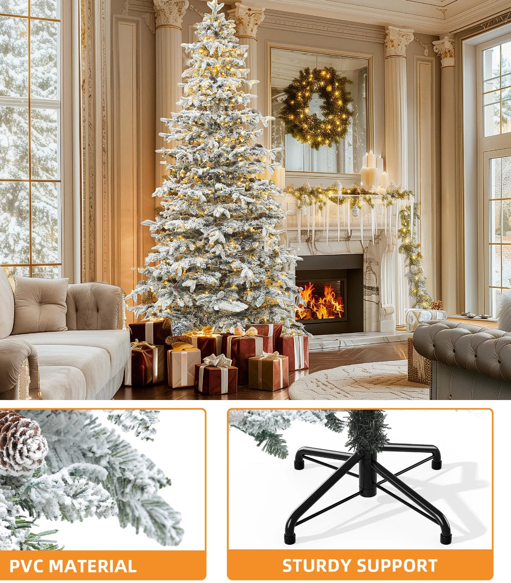 Christmas Tree - Uforic 9FT Pre-Lit Flocked Artificial Christmas Tree with 80 Pinecones, Pre-Lit Holiday Christmas Pin -