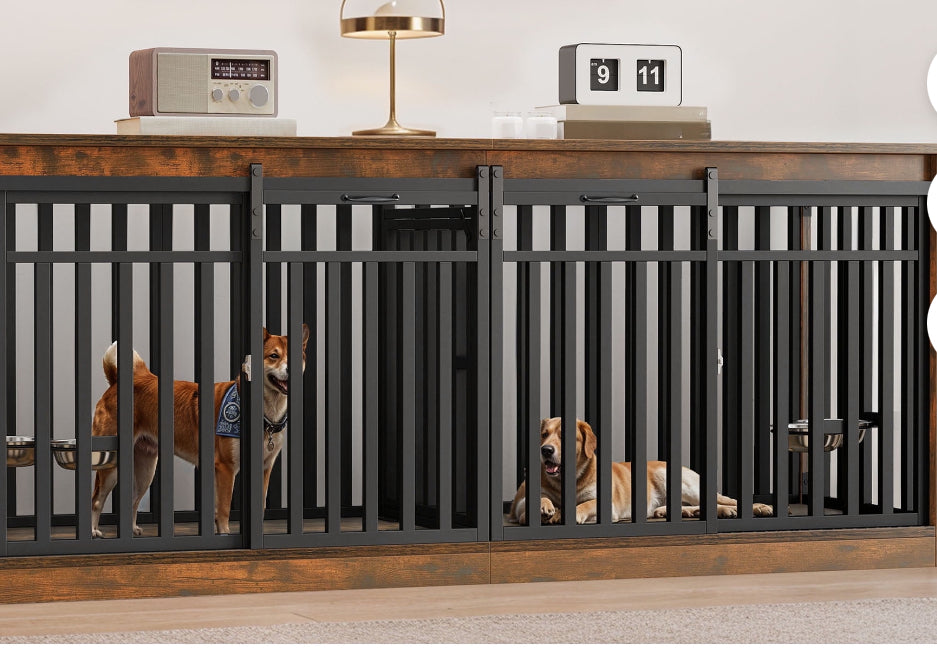 Pets - Uforic 71 in Large Double Dog Crate Furniture with 4 Dog Bowl, Wooden Indoor Dog Kennel Cage TV Stand for 2 Dogs Indoor - Rustic Brown - WM11.19.25