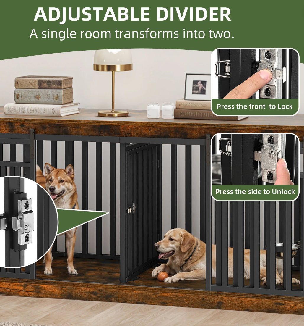 Pets - Uforic 71 in Large Double Dog Crate Furniture with 4 Dog Bowl, Wooden Indoor Dog Kennel Cage TV Stand for 2 Dogs Indoor - Rustic Brown - WM11.19.25