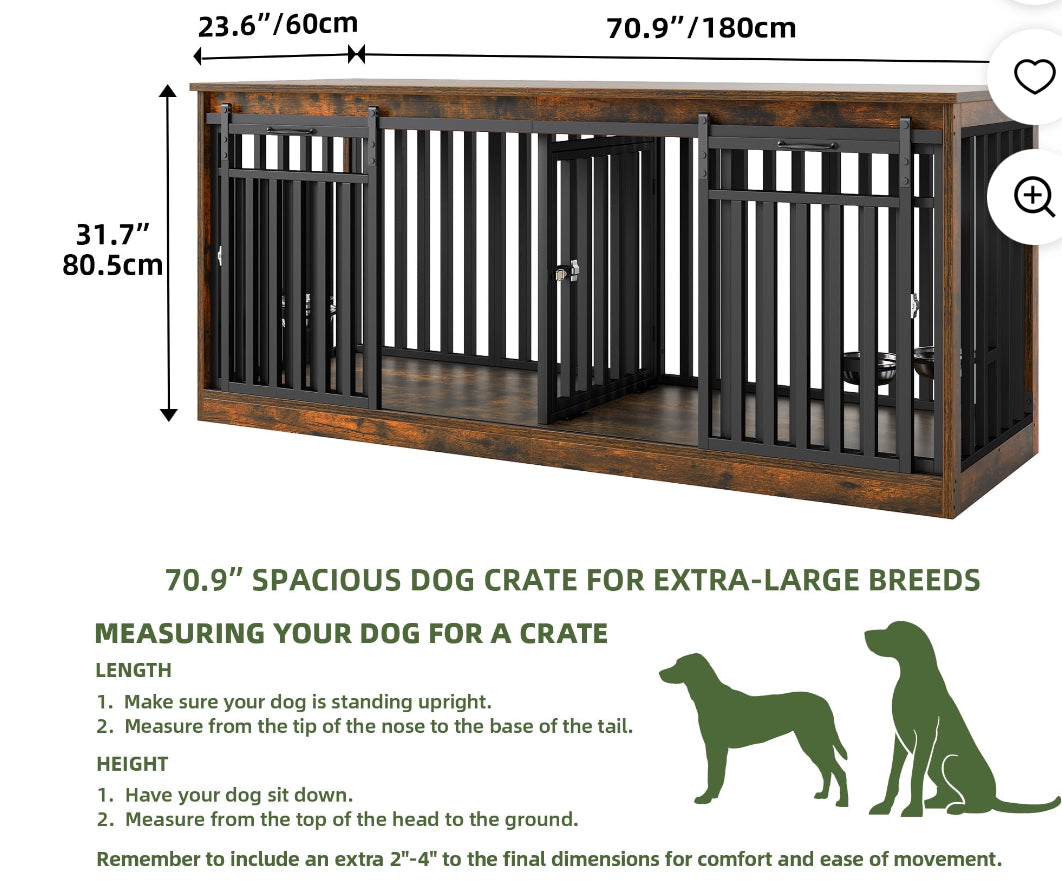 Pets - Uforic 71 in Large Double Dog Crate Furniture with 4 Dog Bowl, Wooden Indoor Dog Kennel Cage TV Stand for 2 Dogs Indoor - Rustic Brown - WM11.19.25