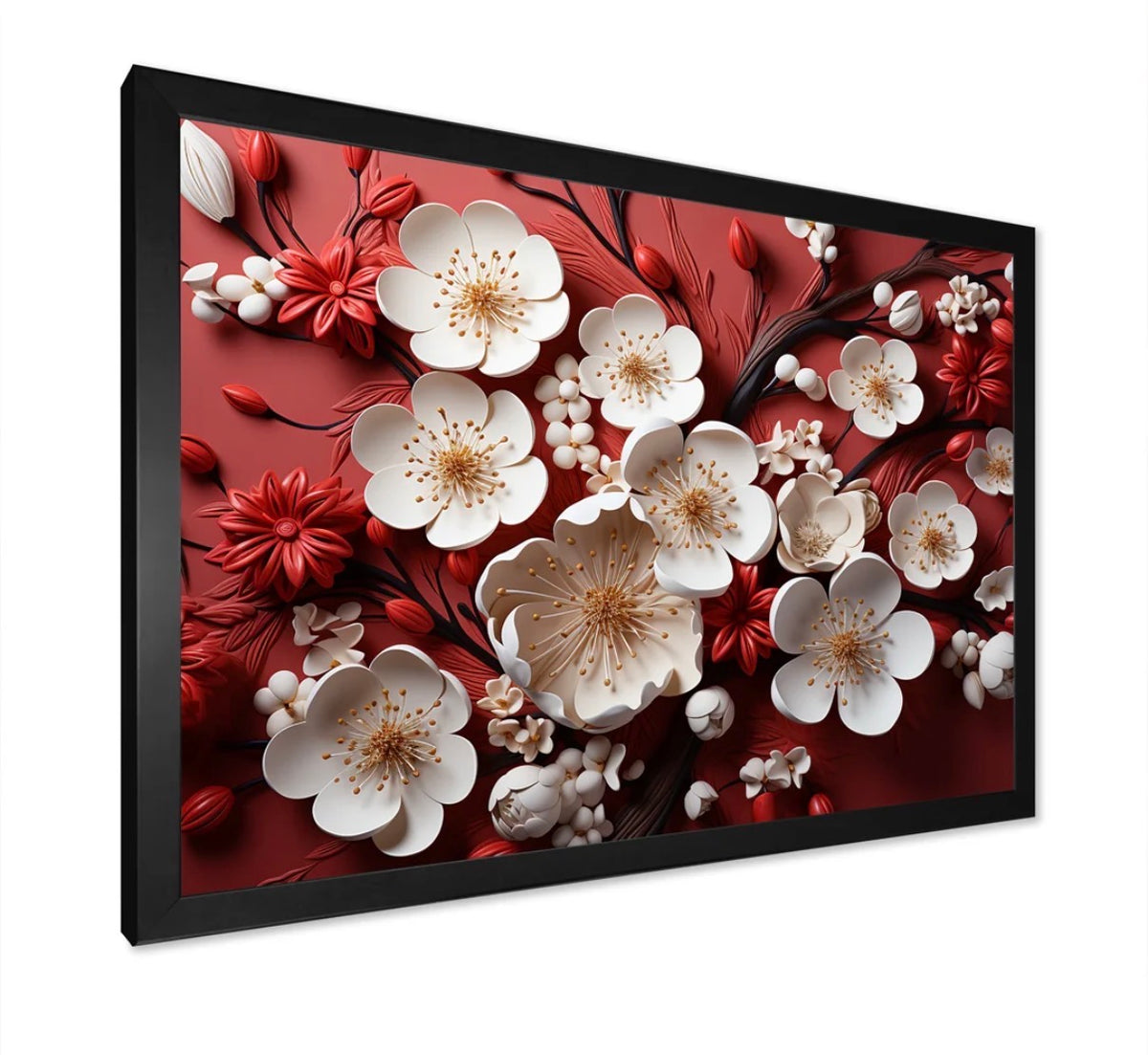 Framed Print - 32" x 24" White And Red Orchid Flower Branches V - Abstract Floral Wall Art