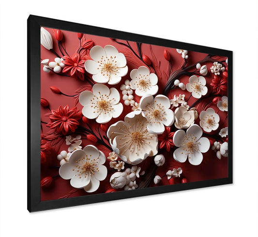 Framed Print - 32" x 24" White And Red Orchid Flower Branches V - Abstract Floral Wall Art