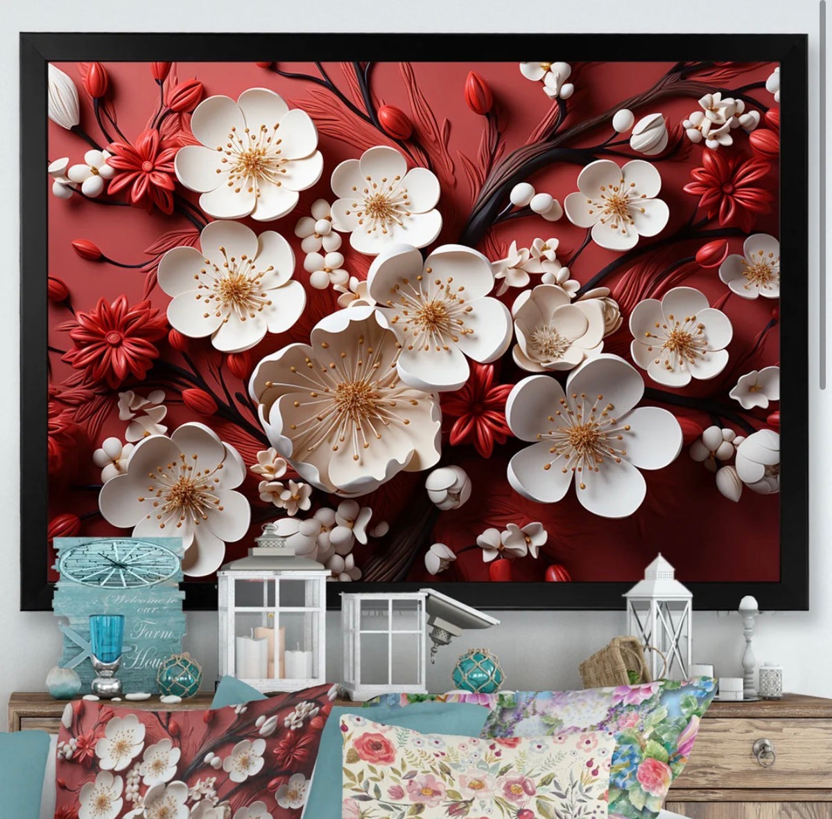 Framed Print - 32" x 24" White And Red Orchid Flower Branches V - Abstract Floral Wall Art