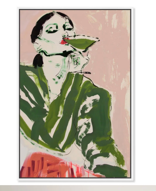 Framed Canvas - 16" x 11" Green Martini Girl Canvas Boho Colorful Wall Art by Art Remedy