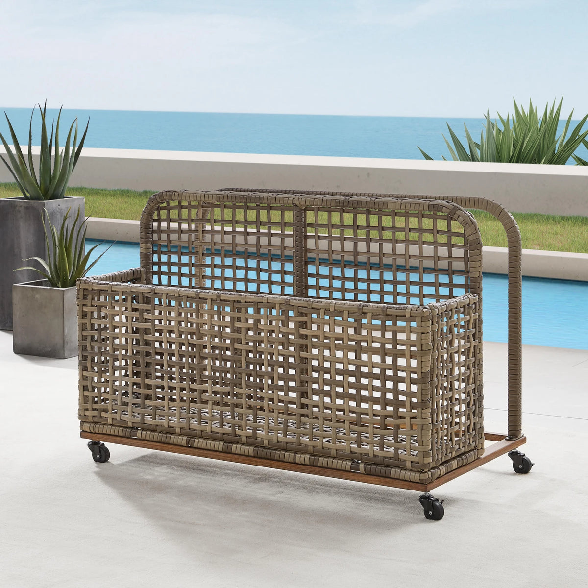 Pool Organizer - Outdoor Pool Float Storage Organizer with Wheels, PE Rattan Poolside Caddy with 3-Section Basket for Pool Floats, Toys, Balls & Life Vests