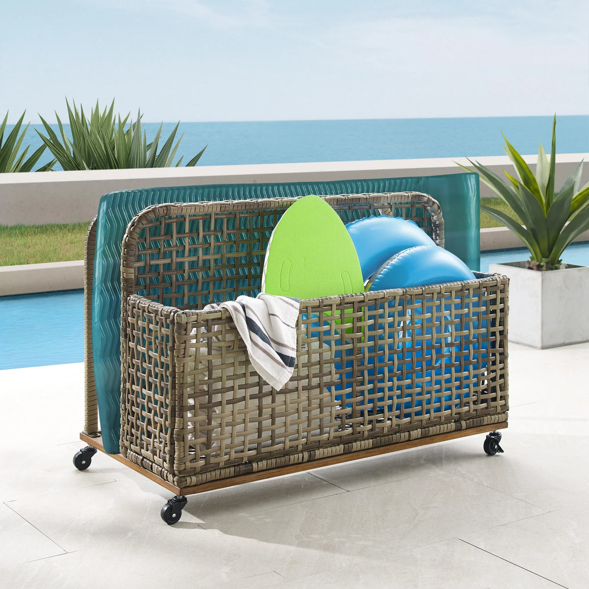 Pool Organizer - Outdoor Pool Float Storage Organizer with Wheels, PE Rattan Poolside Caddy with 3-Section Basket for Pool Floats, Toys, Balls & Life Vests