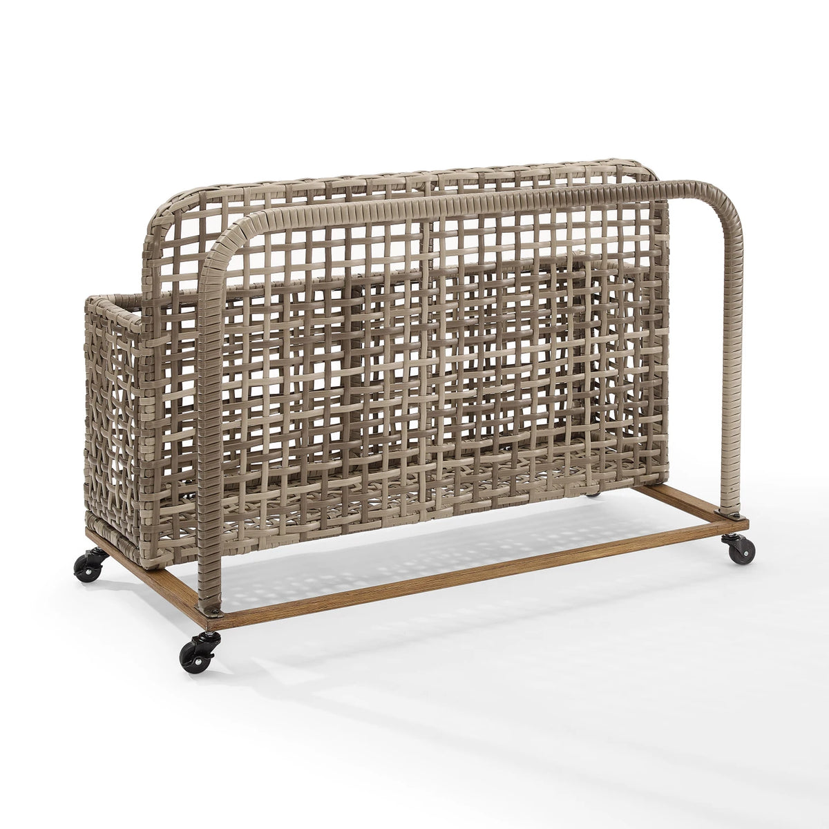 Pool Organizer - Outdoor Pool Float Storage Organizer with Wheels, PE Rattan Poolside Caddy with 3-Section Basket for Pool Floats, Toys, Balls & Life Vests