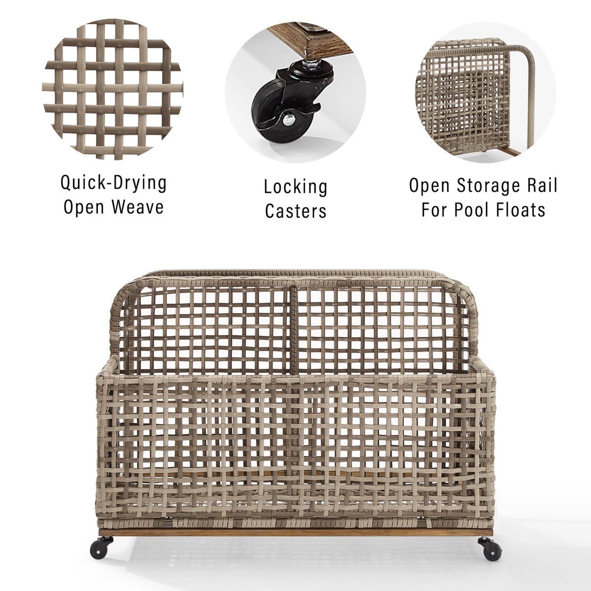 Pool Organizer - Outdoor Pool Float Storage Organizer with Wheels, PE Rattan Poolside Caddy with 3-Section Basket for Pool Floats, Toys, Balls & Life Vests