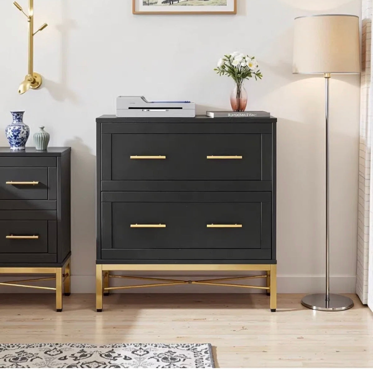 File Cabinet - Atencio 2-Drawer Black Wood 32 in. W Lateral File Cabinet, Modern Gold Lateral Filing Cabinet
