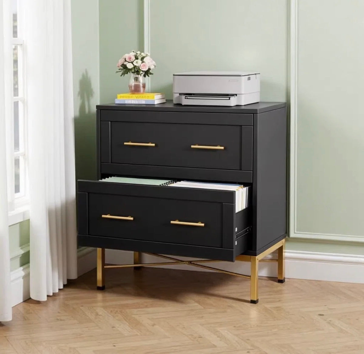 File Cabinet - Atencio 2-Drawer Black Wood 32 in. W Lateral File Cabinet, Modern Gold Lateral Filing Cabinet