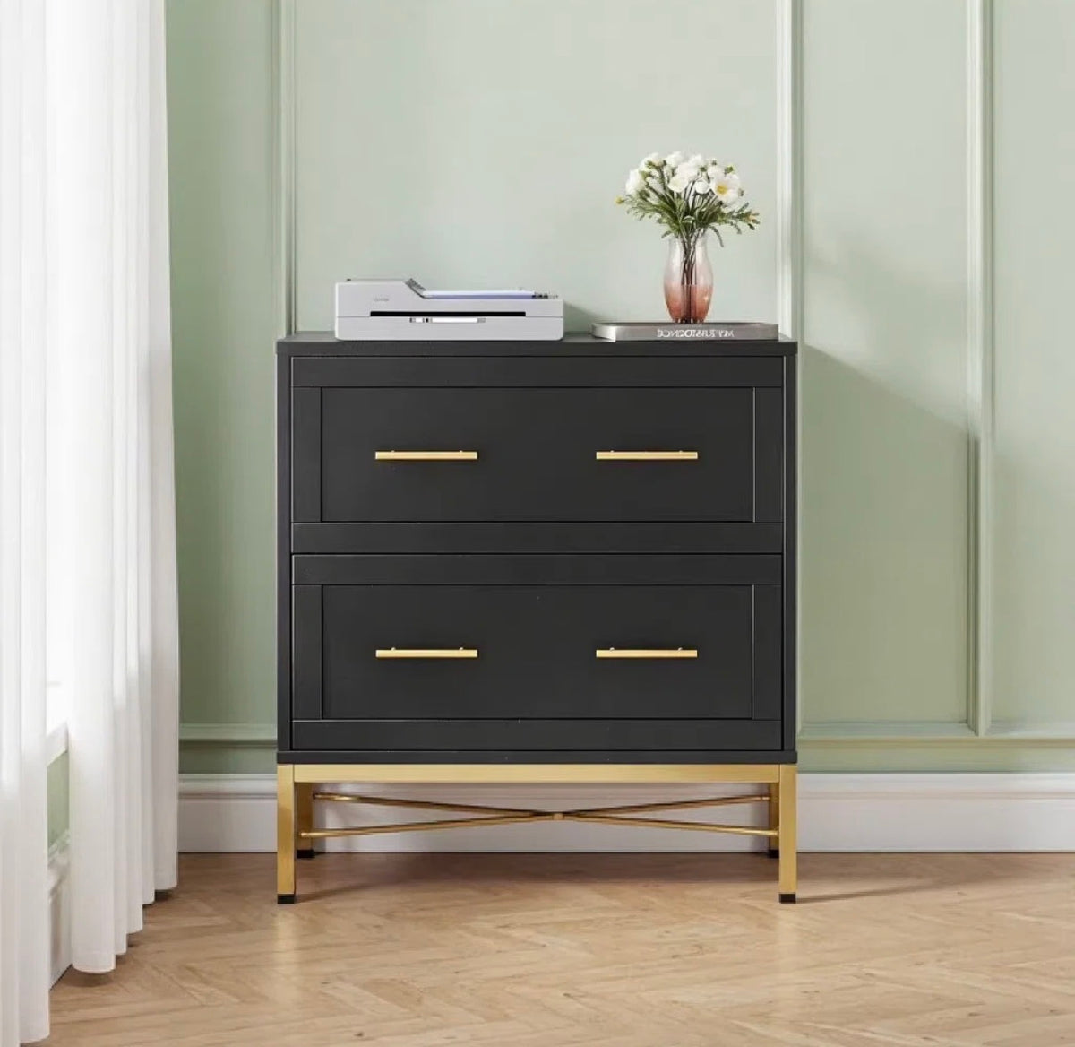 File Cabinet - Atencio 2-Drawer Black Wood 32 in. W Lateral File Cabinet, Modern Gold Lateral Filing Cabinet