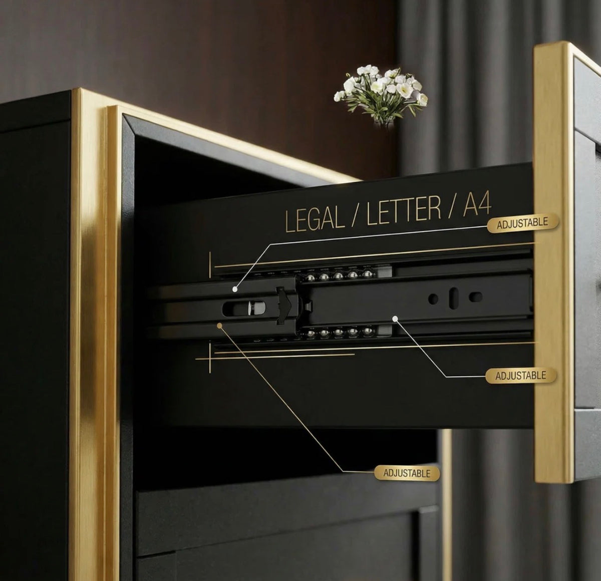 File Cabinet - Atencio 2-Drawer Black Wood 32 in. W Lateral File Cabinet, Modern Gold Lateral Filing Cabinet