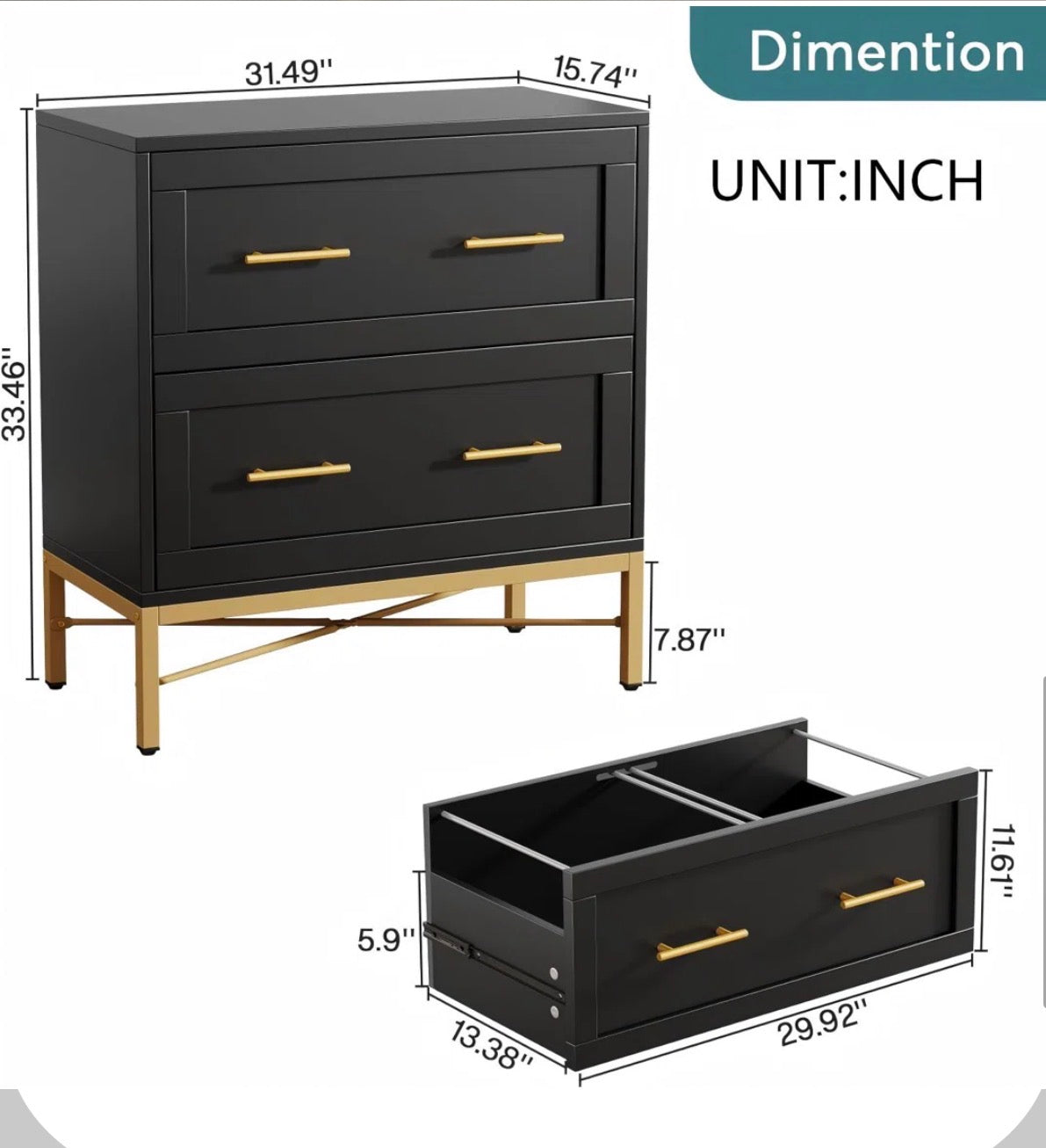 File Cabinet - Atencio 2-Drawer Black Wood 32 in. W Lateral File Cabinet, Modern Gold Lateral Filing Cabinet