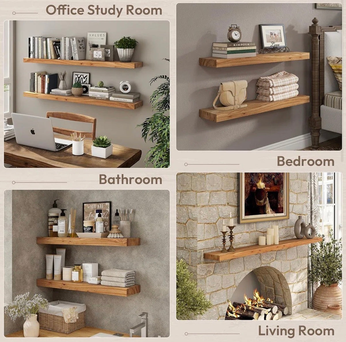 Floating Shelves - Set of 2 25” W x 8” D Solid Elm Wood