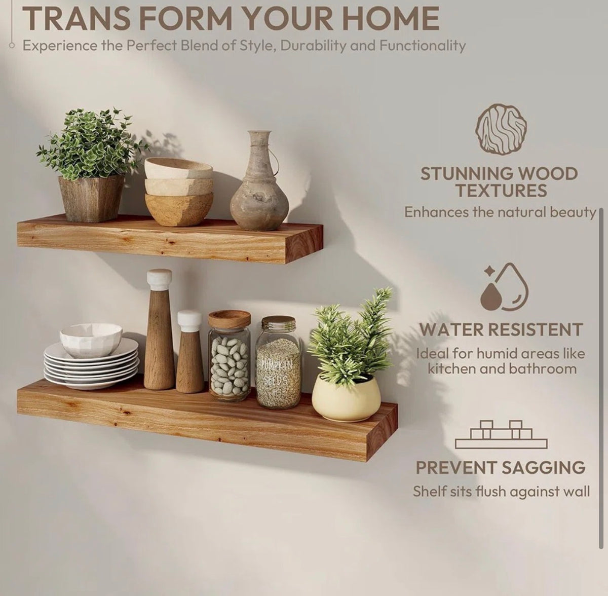 Floating Shelves - Set of 2 25” W x 8” D Solid Elm Wood