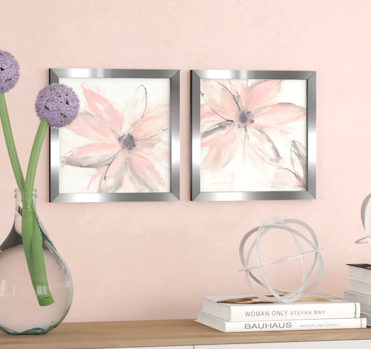 Framed Print - 17” x 33” Set of 2 'Blush Clematis I' 2 Piece Framed Watercolor Painting Print Set