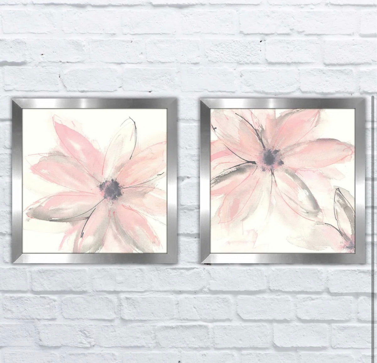 Framed Print - 17” x 33” Set of 2 'Blush Clematis I' 2 Piece Framed Watercolor Painting Print Set
