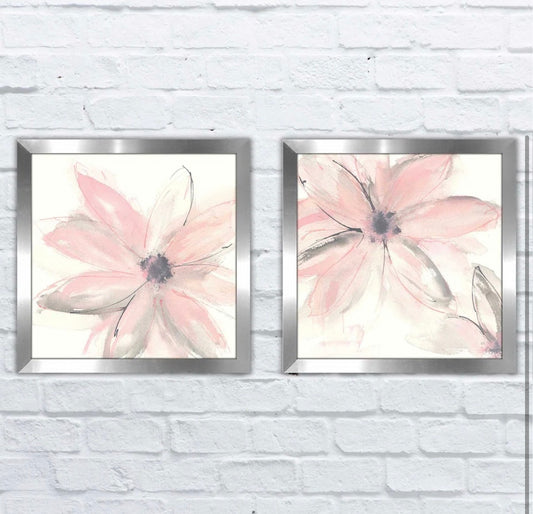 Framed Print - 17” x 33” Set of 2 'Blush Clematis I' 2 Piece Framed Watercolor Painting Print Set