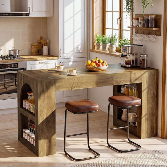 Kitchen Island - Vintage Brown Wood 63 in. Kitchen Island with Storage Shelf, Stationary Island Table with Large Countertop for Kitchen
