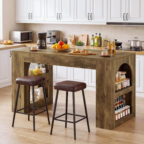 Kitchen Island - Vintage Brown Wood 63 in. Kitchen Island with Storage Shelf, Stationary Island Table with Large Countertop for Kitchen