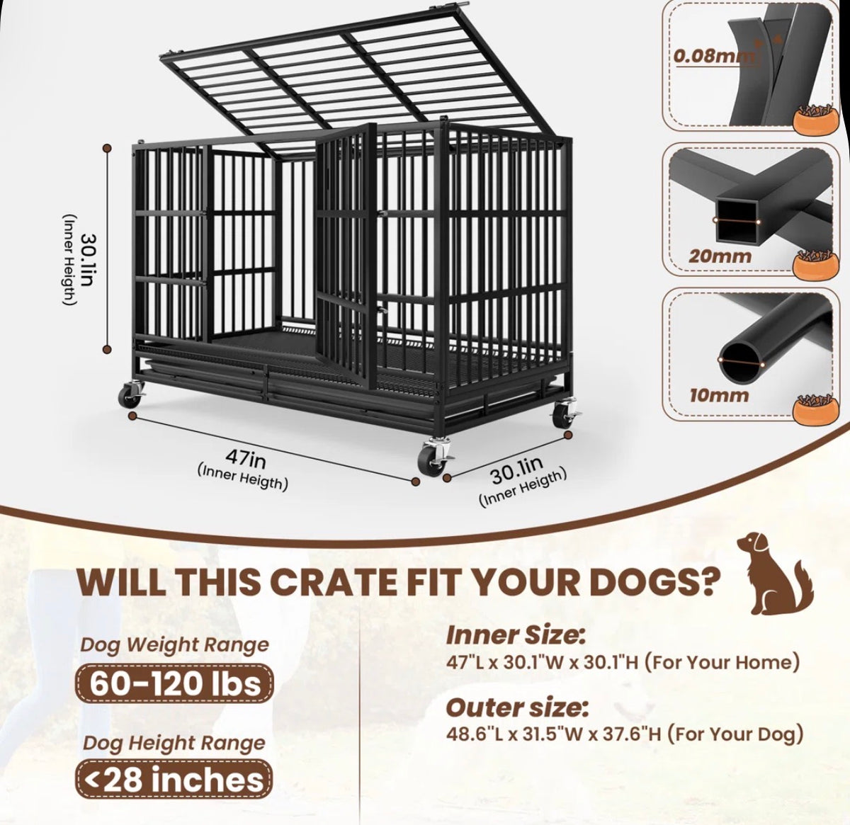Dog Crate -  48 Inch Heavy Duty Dog Crates For Large Dogs, Large Dog Crate, Escape proof Dog Cage with Wheels, Dog Crates Indoor Outside