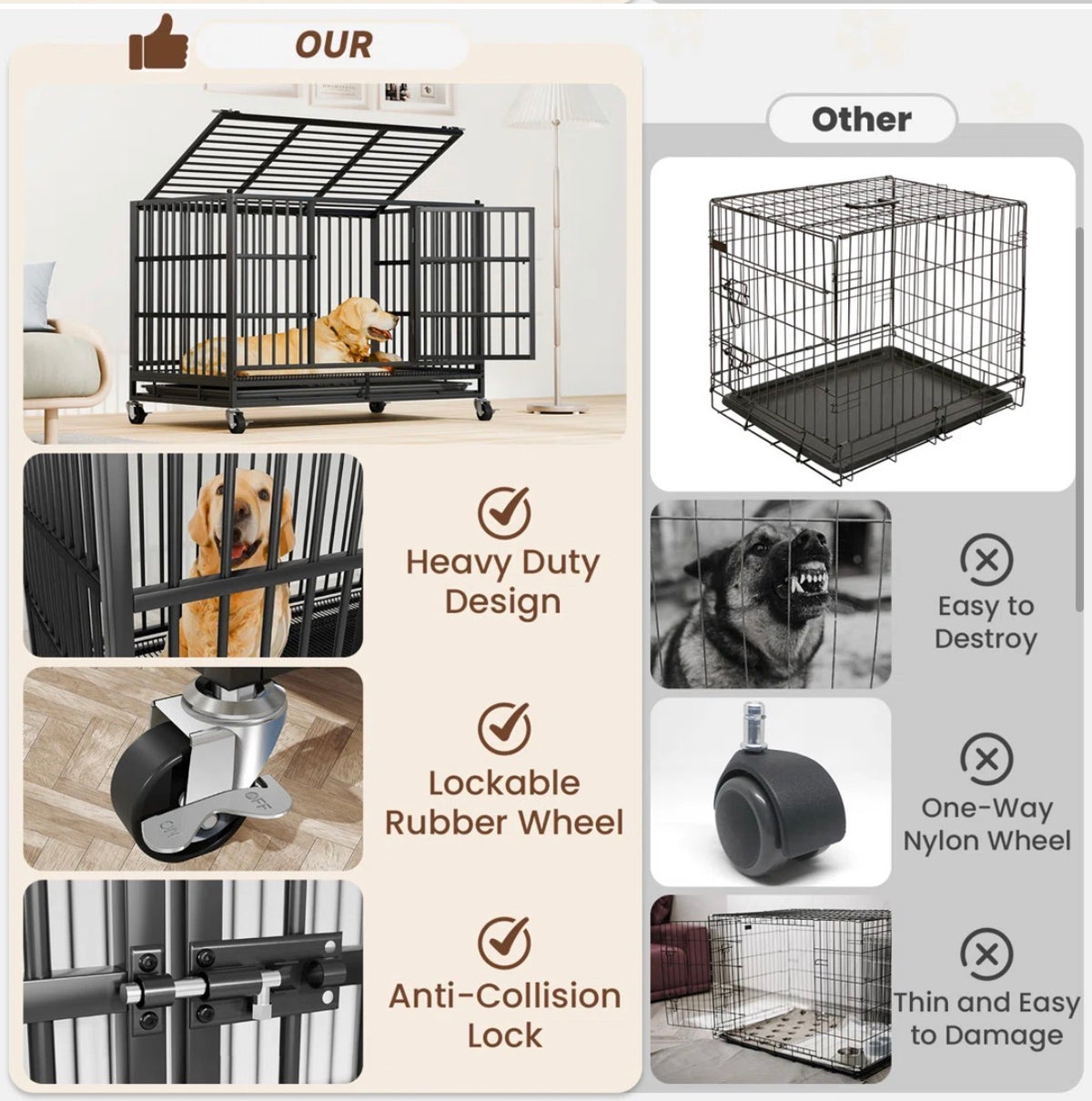 Dog Crate -  48 Inch Heavy Duty Dog Crates For Large Dogs, Large Dog Crate, Escape proof Dog Cage with Wheels, Dog Crates Indoor Outside