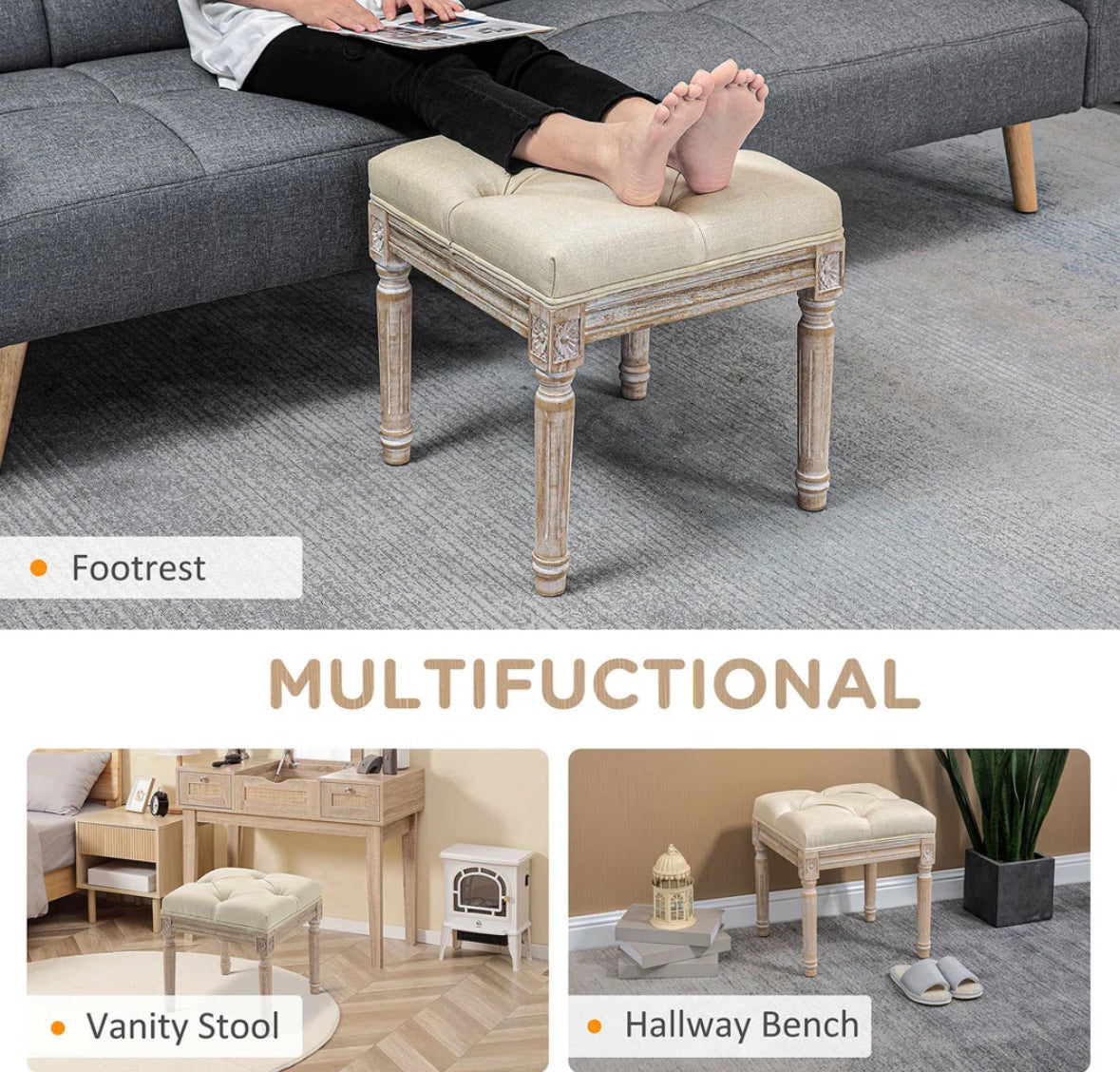 Ottoman - 16” Vintage Tufted Foot Stool with Upholstered seat - WF12.4.25