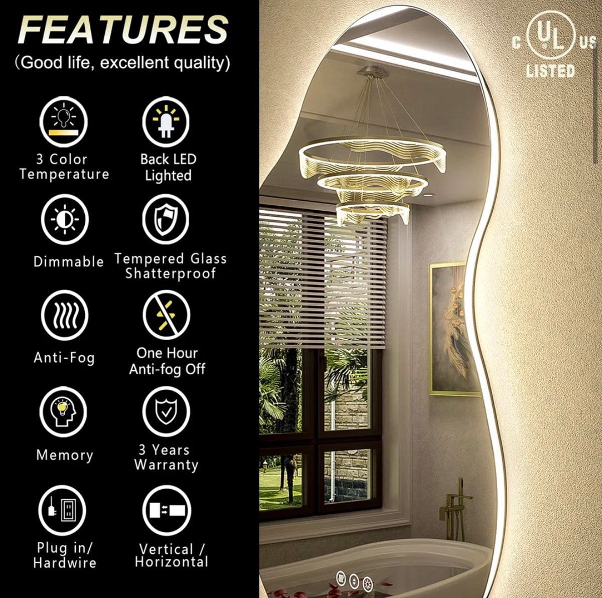Mirror -  32" x 20" Wayfair Basics UL Certified LED Anti-Fog Tempered Glass Irregular Bathroom/Vanity Mirror