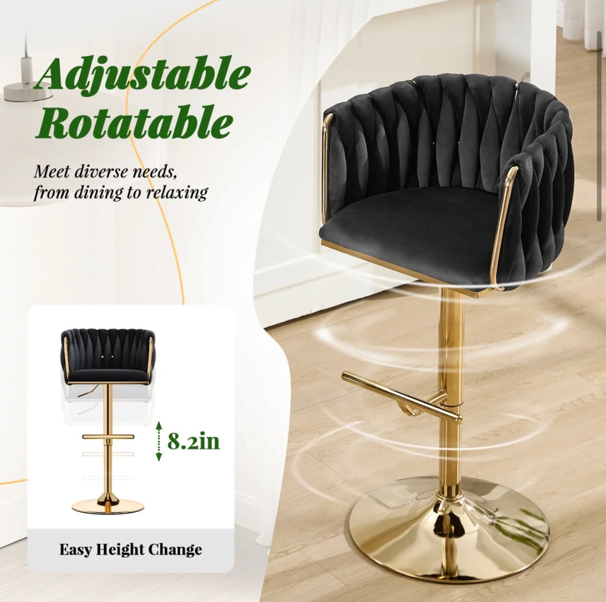 Barstool Single - Adjustable Height 360 Swivel Velvet Modern Barstool