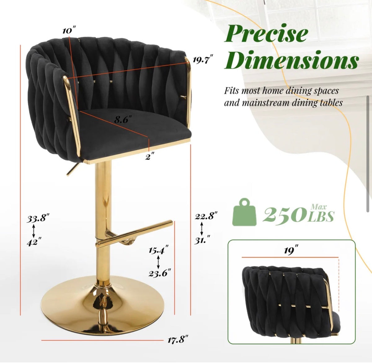 Barstool Single - Adjustable Height 360 Swivel Velvet Modern Barstool