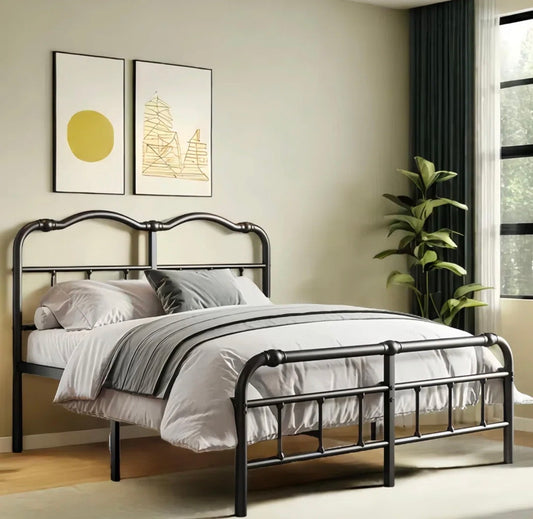 Bed  - King Size Amylia 18-Inch Heavy Duty Noiseless Non-Swaying Metal Iron Platform Bed Frame with 44? Headboard and Footboard, Black Iron