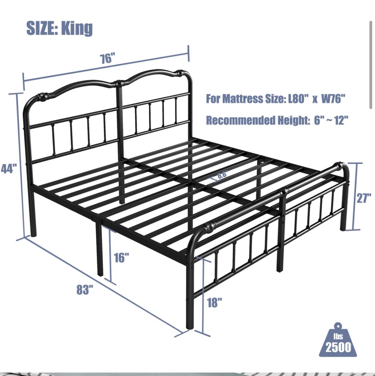 Bed  - King Size Amylia 18-Inch Heavy Duty Noiseless Non-Swaying Metal Iron Platform Bed Frame with 44? Headboard and Footboard, Black Iron