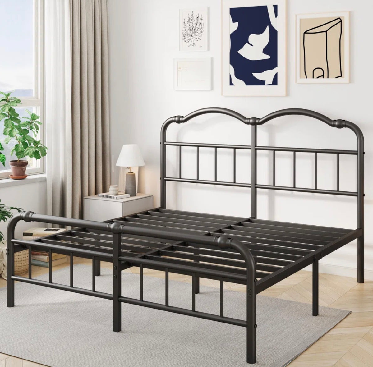 Bed  - King Size Amylia 18-Inch Heavy Duty Noiseless Non-Swaying Metal Iron Platform Bed Frame with 44? Headboard and Footboard, Black Iron