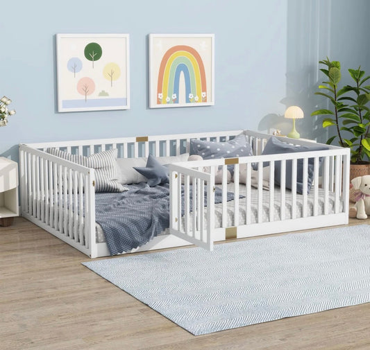 Bed - Full Size Floor Bed With High Rails And Convertible Door,solid Wood Cama Montessori Bed Without Slats