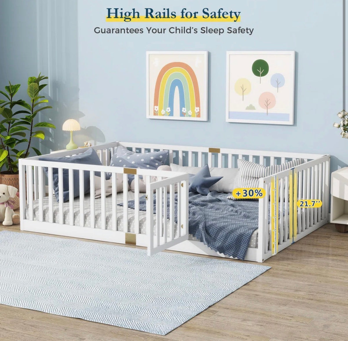 Bed - Full Size Floor Bed With High Rails And Convertible Door,solid Wood Cama Montessori Bed Without Slats