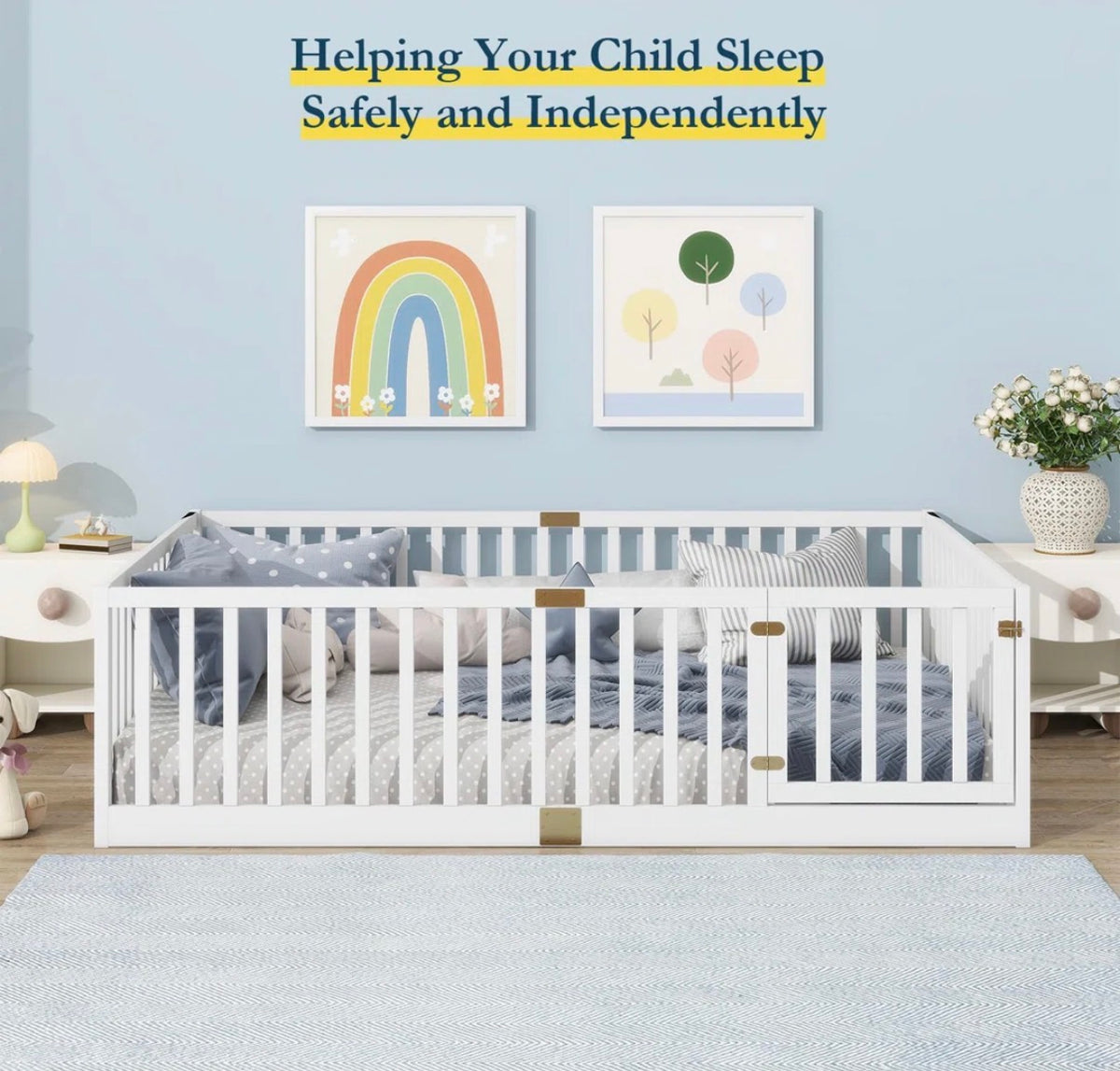 Bed - Full Size Floor Bed With High Rails And Convertible Door,solid Wood Cama Montessori Bed Without Slats