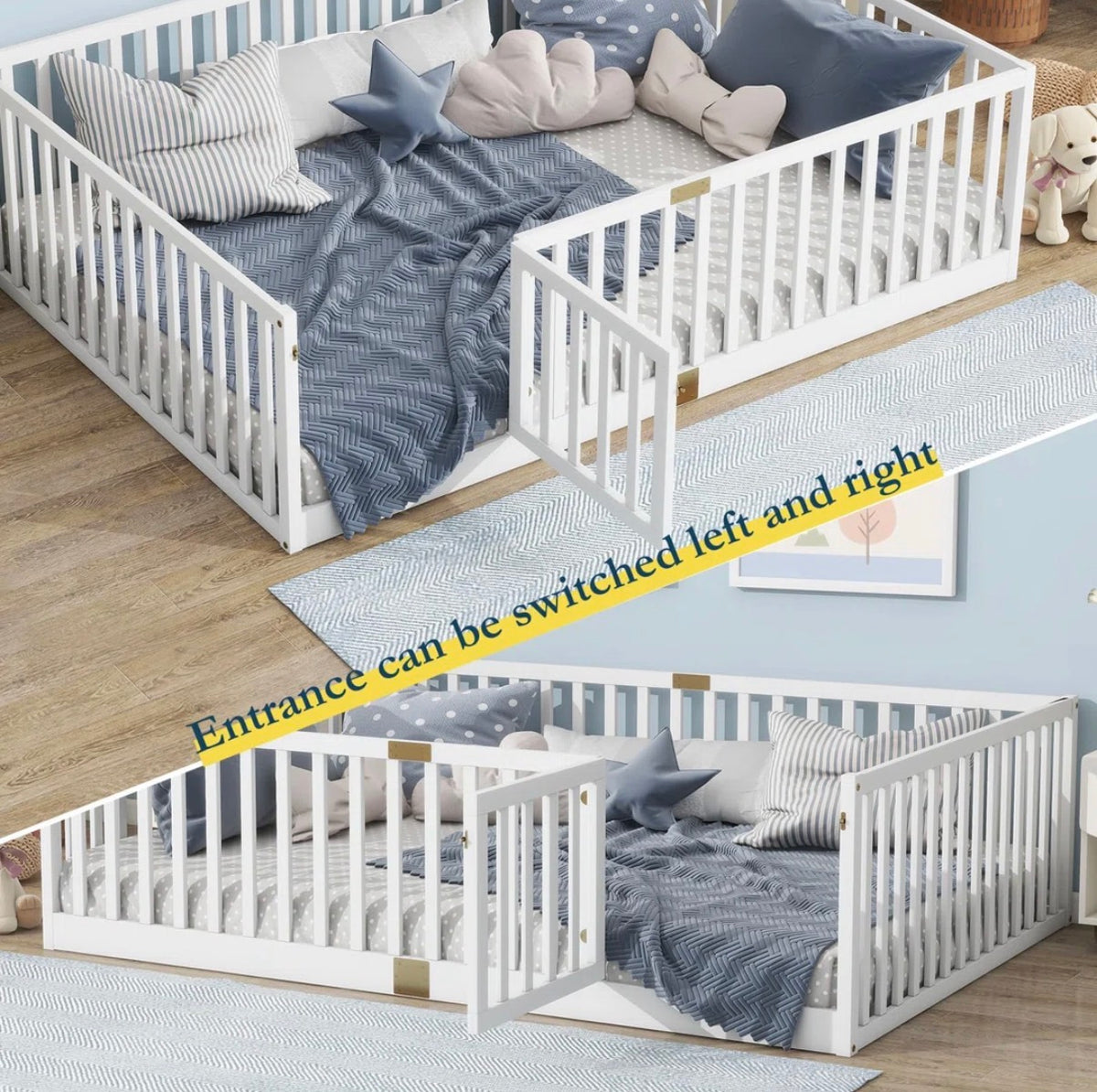 Bed - Full Size Floor Bed With High Rails And Convertible Door,solid Wood Cama Montessori Bed Without Slats