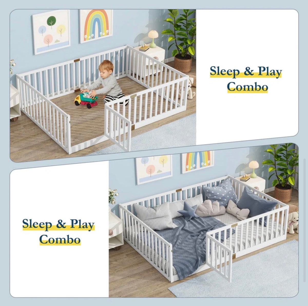 Bed - Full Size Floor Bed With High Rails And Convertible Door,solid Wood Cama Montessori Bed Without Slats