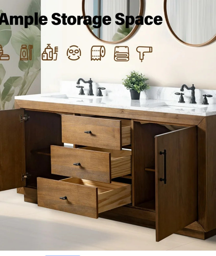 Bathroom Vanity - Vanity Art 72" Double Bathroom Vanity with Sink, Freestanding Bath Storage Cabinet with Engineered Marble Top - WF12.4.25